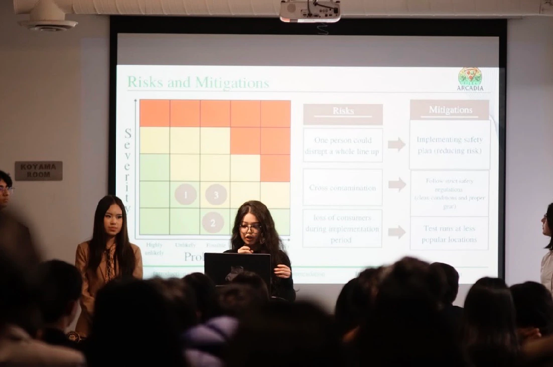Presenters beside a projected risks-and-mitigations slide at INSPIRE
