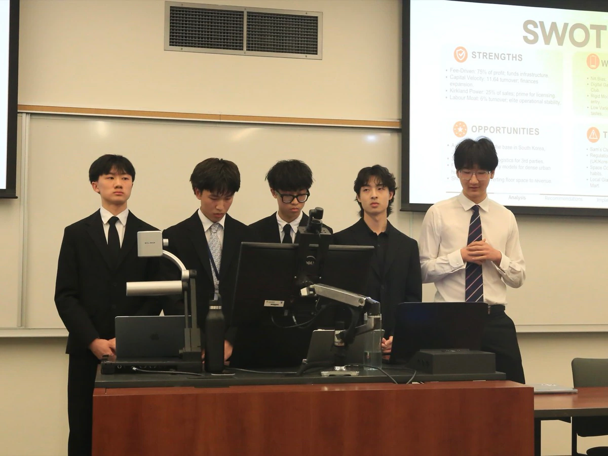 A Momentum team presenting its business analysis beside a projected SWOT slide